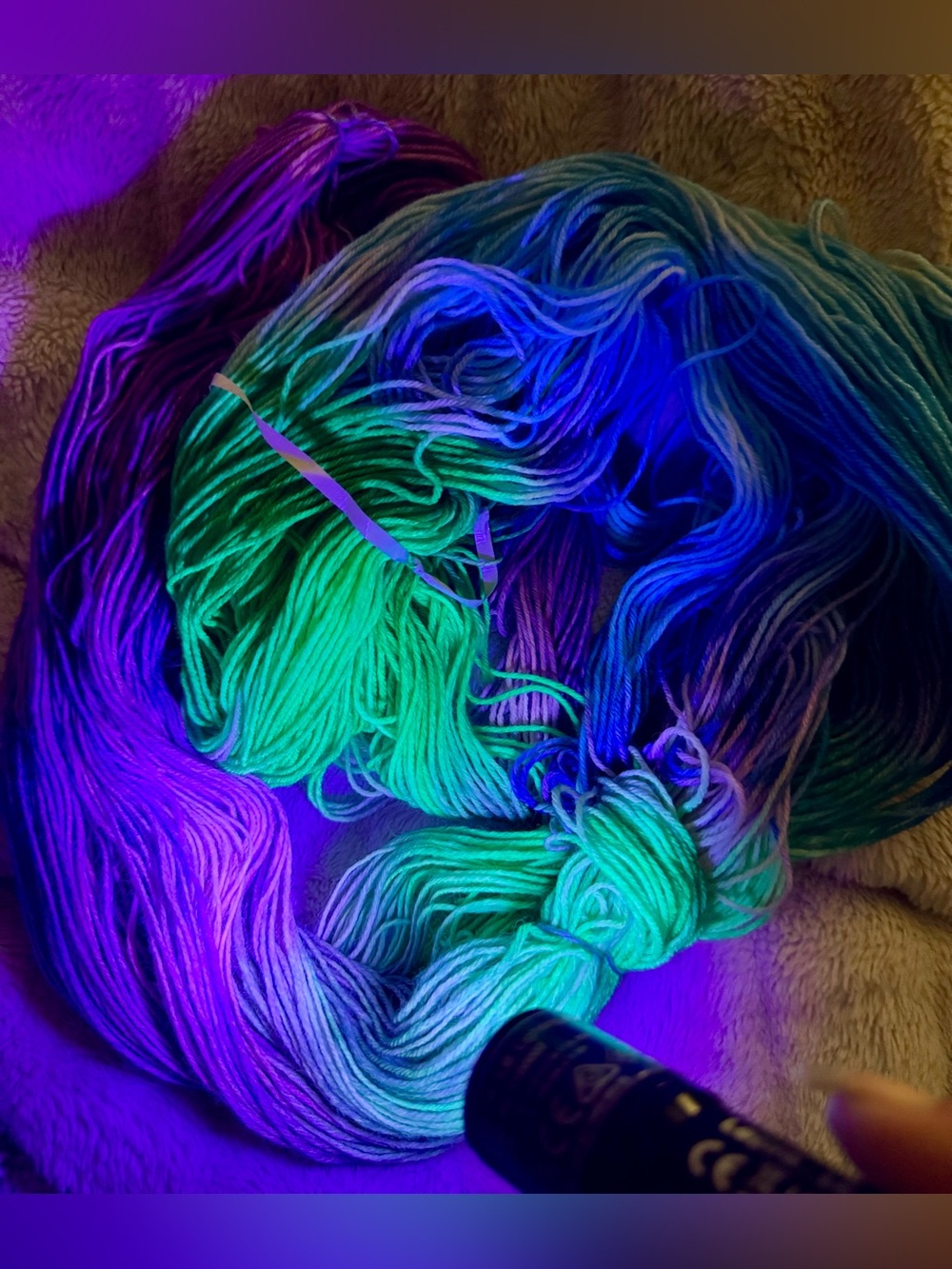 BlackLight Hand-Dyed Fiber Arts Yarn Skein in Green, Blue and Purple